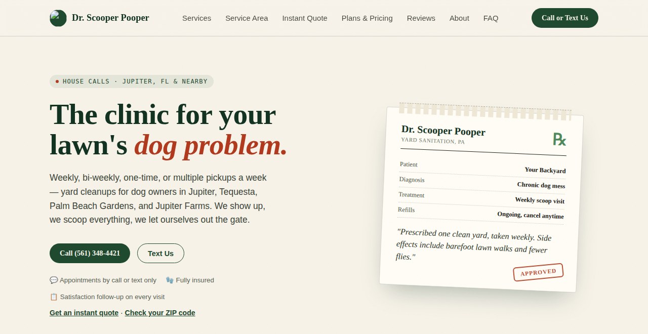 Screenshot of the Dr. Scooper Pooper website homepage